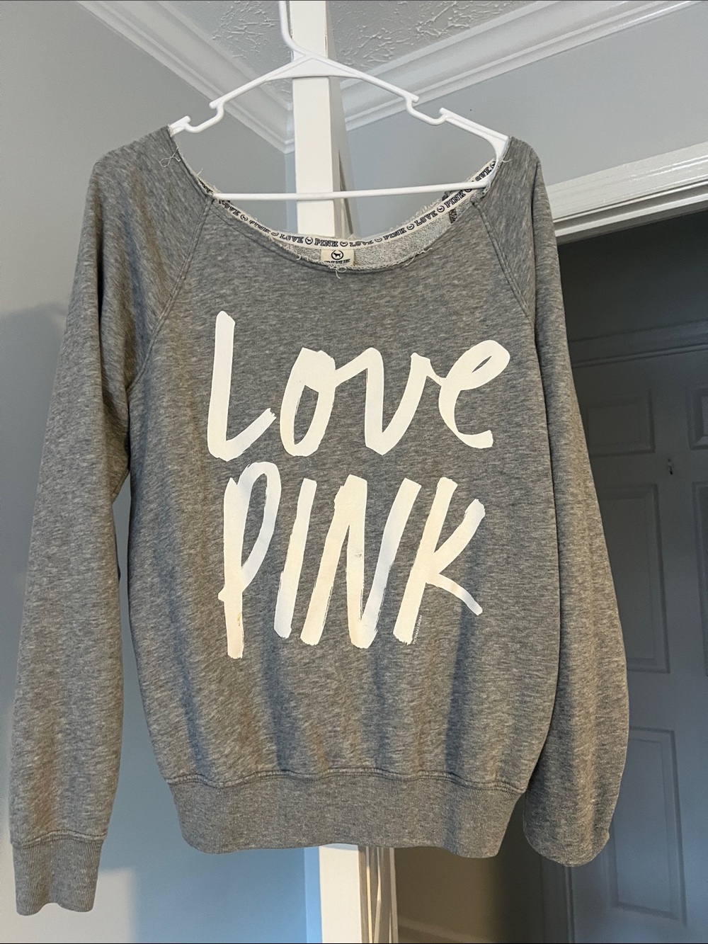 Victoria's Secret PINK Grey and black off shoulder  Logo Pullover